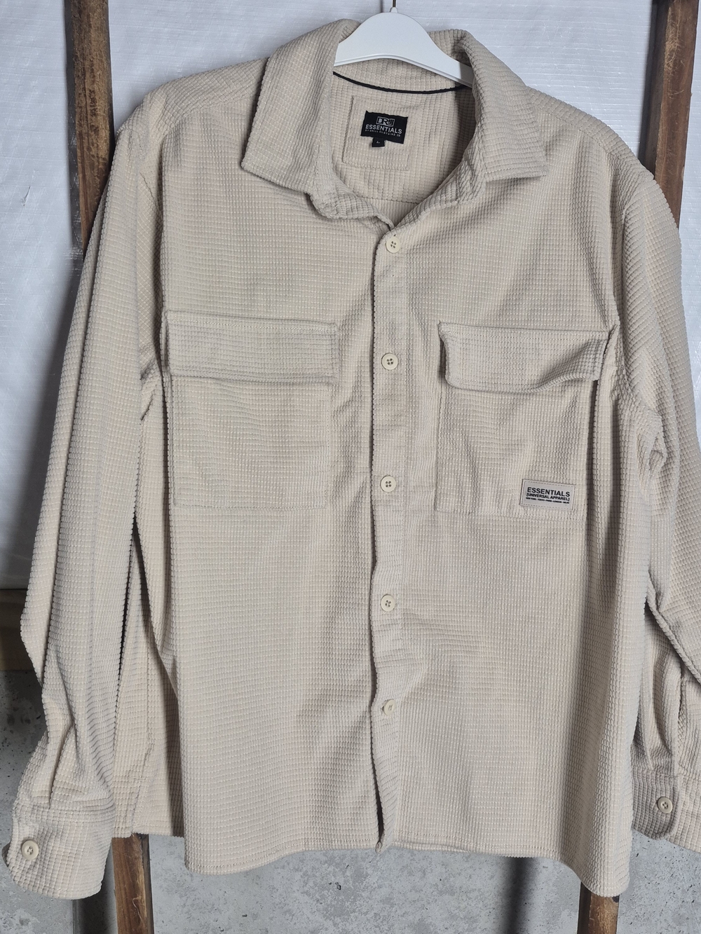 Essentials Men's Long-Sleeve Beige Button-Up Shirt